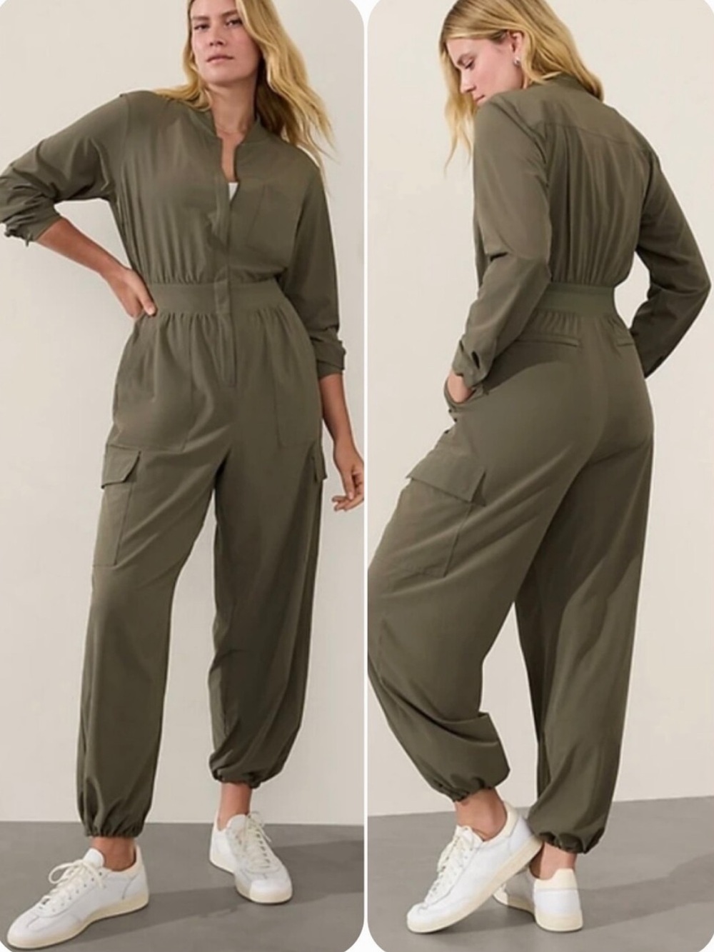 Athleta Brooklyn Long Sleeve utility cargo Travel Jumpsuit olive green size 6P